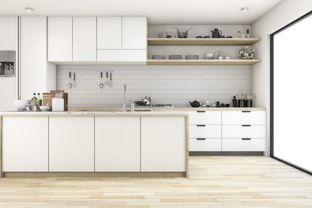 render of a kitchen in a Scandinavian Design aesthetic